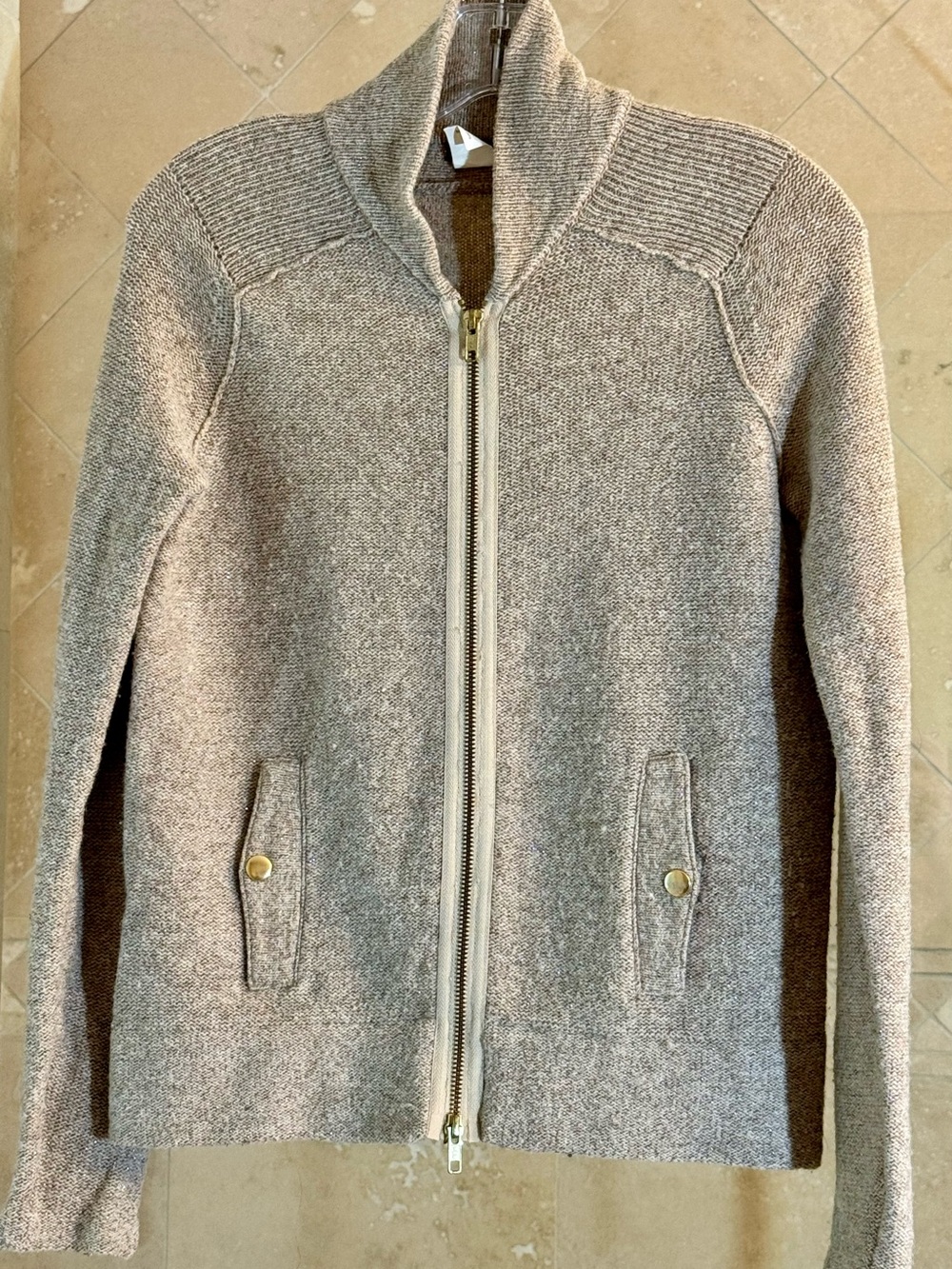 J Crew Zip Front Knit Cardigan in Heathered Taupe